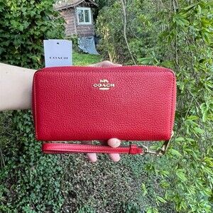 COACH Long Zip-Around Wallet Wristlet Bold Red Leather w Gold Hardware C4451 NWT